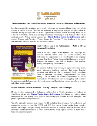 Tavish Academy – Your Trusted Destination for Quality Tuition in Kallikuppam and Perambur