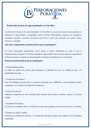 Perforación de pozos de aguamunicipales en Costa Rica