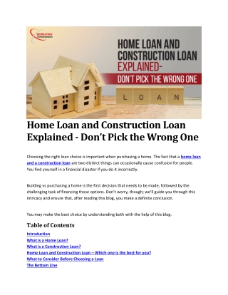 Home Loan and Construction Loan Explained - Don’t Pick the Wrong One