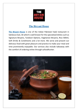 The Biryani House Menu|Order Online-Salisbury East Takeaway