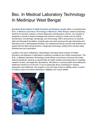 Bsc. In Medical Laboratory Technology In Medinipur West Bengal