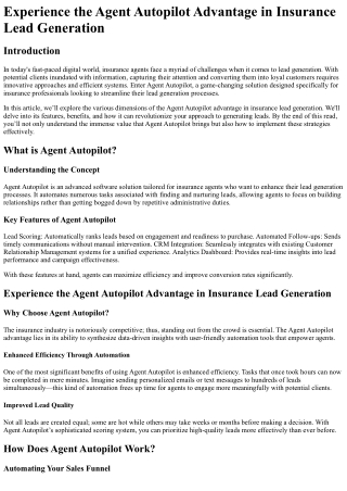 Experience the Agent Autopilot Advantage in Insurance Lead Generation