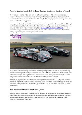 Audi to Auction Iconic R18 E-Tron Quattro Goodwood Festival of Speed