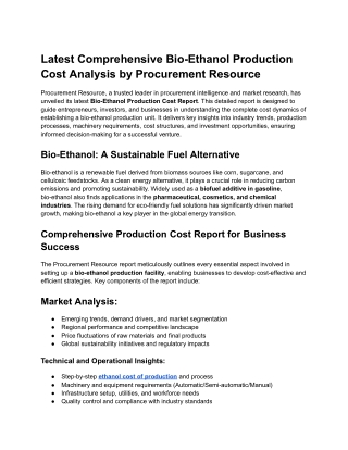 Latest Comprehensive Bio-Ethanol Production Cost Analysis by Procurement Resource
