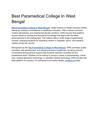 Best Paramedical College In West Bengal
