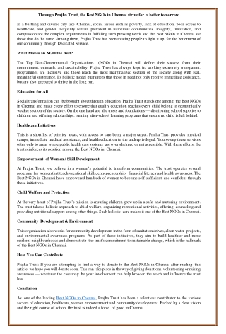 Through Prajha Trust, the Best NGOs in Chennai strive for a better tomorrow.
