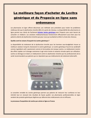 La meilleure façon d’acheter du Levitra générique et du Propecia en ligne sans ordonnance