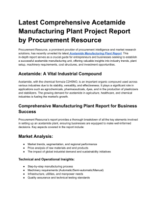 Latest Comprehensive Acetamide Manufacturing Plant Project Report by Procurement Resource
