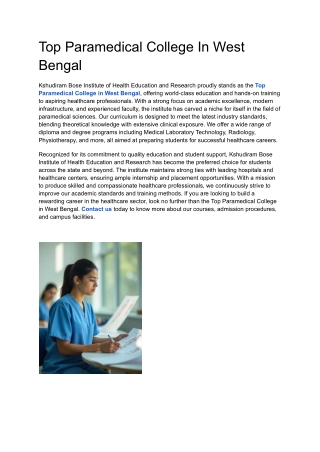 Top Paramedical College In West Bengal