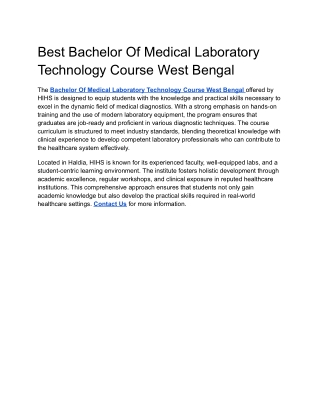 Best Bachelor Of Medical Laboratory Technology Course West Bengal