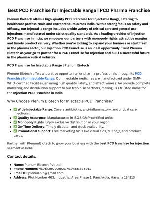 PCD Franchise for Injectable range | Plenum Biotech