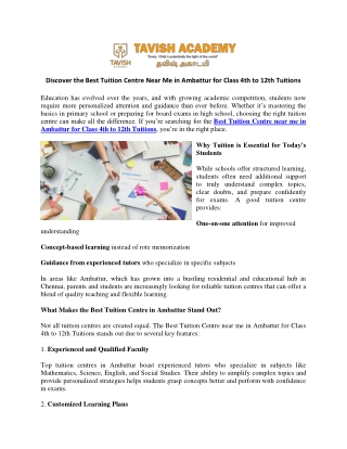 Discover the Best Tuition Centre Near Me in Ambattur for Class 4th to 12th Tuitions