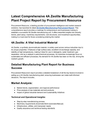 Latest Comprehensive 4A Zeolite Manufacturing Plant Project Report by Procurement Resource