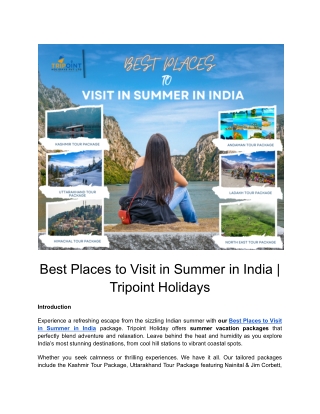 Best Places to Visit in Summer in India - Tripoint Holidays