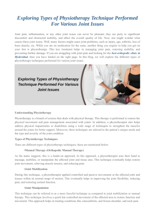 Exploring Types of Physiotherapy Technique Performed For Various Joint Issues