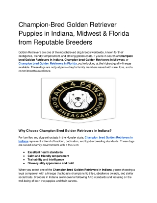 Champion-Bred Golden Retriever Puppies in Indiana, Midwest & Florida from Reputable Breeders