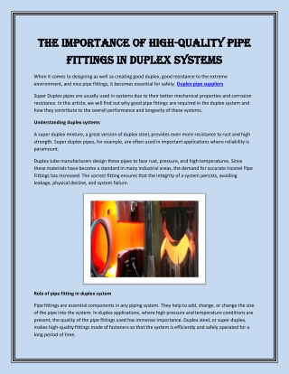 The Importance of High-Quality Pipe Fittings in Duplex Systems