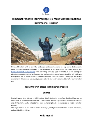 Himachal Pradesh Tour Package: 10 Must-Visit Destinations in Himachal Pradesh