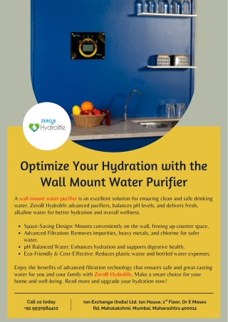 Optimize Your Hydration with the Wall Mount Water Purifier