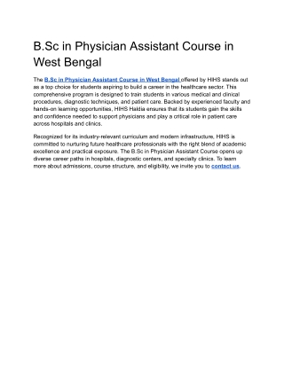 B.Sc in Physician Assistant Course in West Bengal