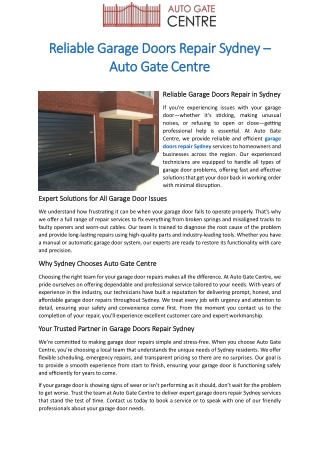 Reliable Garage Doors Repair Sydney - AutoGate Centre