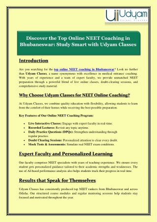 Discover the Top Online NEET Coaching in Bhubaneswar - Study Smart with Udyam