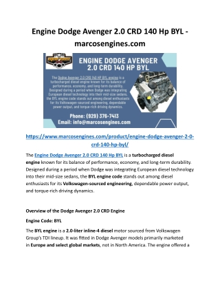 Engine Dodge Avenger 2.0 CRD 140 Hp BYL - marcosengines.com