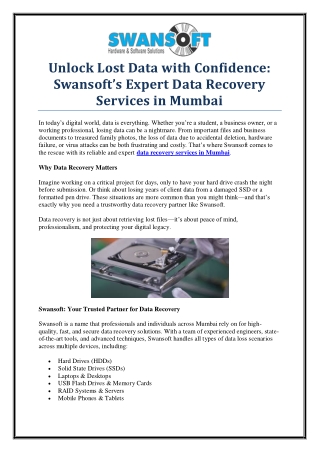 Trusted Data Recovery Services in Mumbai – Swansoft Experts