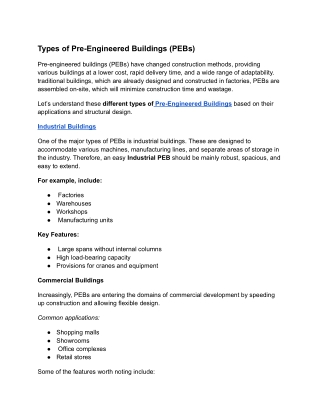 Types of Pre-Engineered Buildings (PEBs)