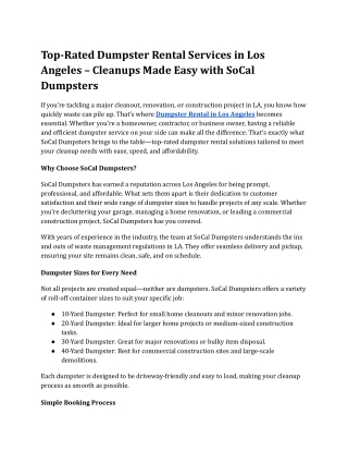 Top-Rated Dumpster Rental Services in Los Angeles – Cleanups Made Easy with SoCal Dumpsters