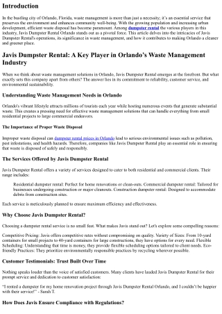 Javis Dumpster Rental: A Key Player in Orlando’s Waste Management Industry