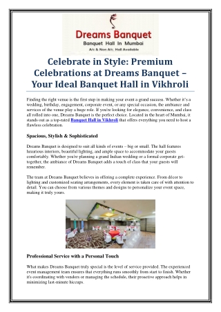 Host Memorable Events at Dreams Banquet Hall in Vikhroli