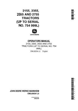 John Deere 2155 Tractors Operator’s Manual Instant Download (Pin.754999L) (Publication No.OML60034)