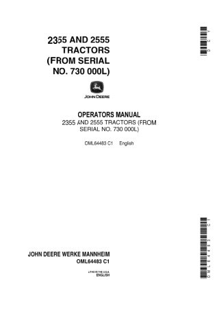 John Deere 2555 Tractors Operator’s Manual Instant Download (PIN730000L) (Publication No.OML64483)