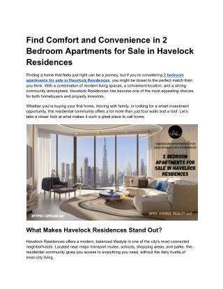 Discover the Best 2 Bedroom Apartments for Sale in Havelock Residences