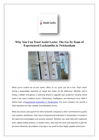 Locksmiths in Twickenham | Assist Locks