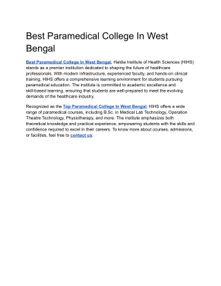Best Paramedical College In West Bengal