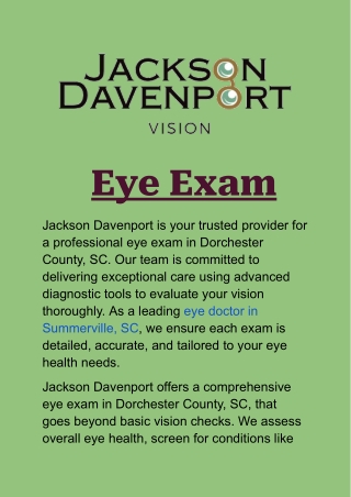 Eye Exam in Dorchester County, SC – Accurate, Professional, Local Care
