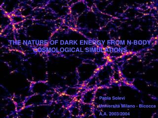 THE NATURE OF DARK ENERGY FROM N-BODY COSMOLOGICAL SIMULATIONS 				 Paola Solevi 						Università Milano - Bicocca