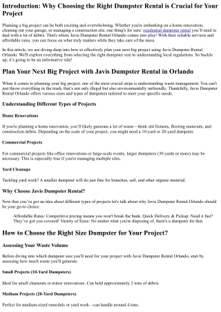 “Plan Your Next Big Project with Javis Dumpster Rental in Orlando”