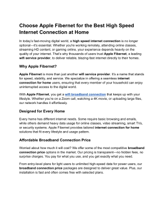 Choose Apple Fibernet for the Best High Speed Internet Connection at Home