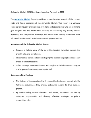 Anhydrite Market 2025 Size, Share, Industry, Forecast to 2037
