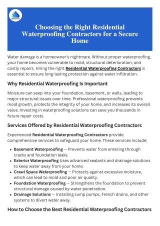 Choosing the Right Residential Waterproofing Contractors for a Secure Home
