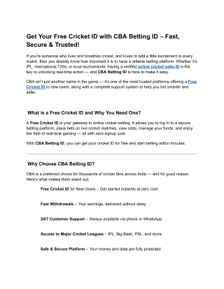 Get Your Free Cricket ID with CBA Betting ID – Fast, Secure & Trusted