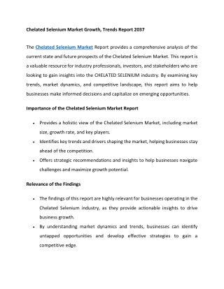 Chelated Selenium Market Growth, Trends Report 2037