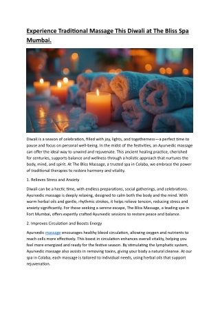 Experience Traditional Massage This Diwali at The Bliss Spa Mumbai