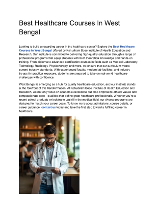 Best Healthcare Courses In West Bengal