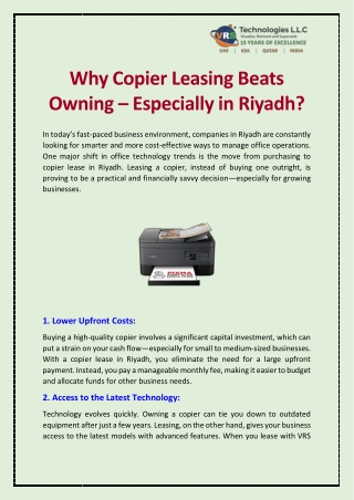 Why Copier Leasing Beats Owning – Especially in Riyadh?