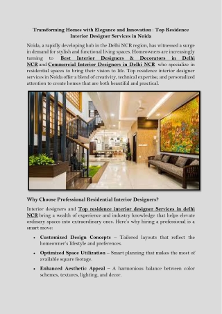 Transforming Homes with Elegance and Innovation Top Residence Interior Designer Services in Noida
