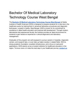 Bachelor Of Medical Laboratory Technology Course West Bengal